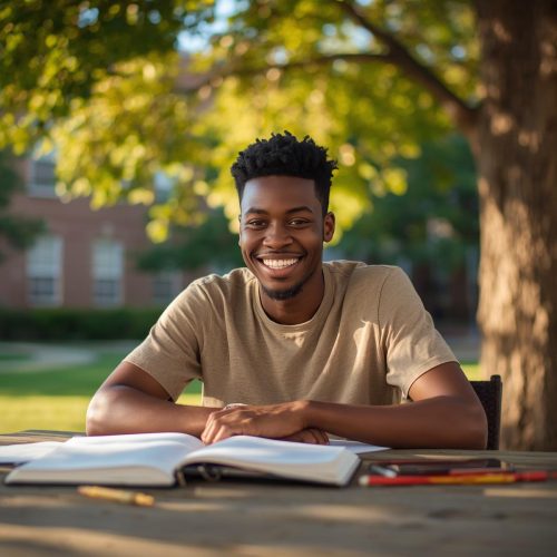Image of a black person campus happily learning